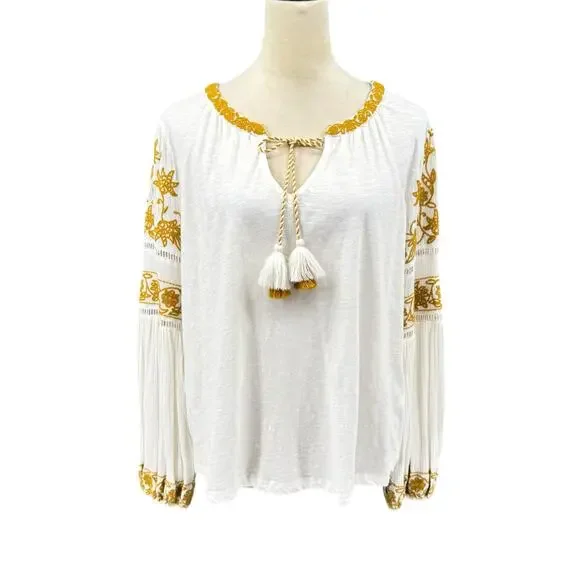 By Anthropologie Aja White Knit Golden Yellow Embroidered Long Sleeve Boho Top - Picture 4 of 15